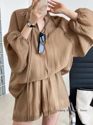 Elegant Long Sleeve Blouses Set Of Two Fashion Pieces For Women Summer Solid Color Shorts Sets Casual Loose Suits With Shorts