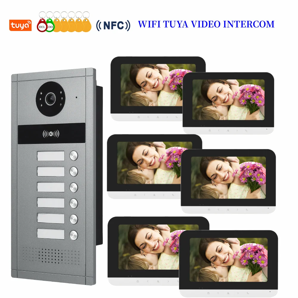 

7" Tuya WIFI Video Building Intercom System 4 Wire Cable Port 2-6 Units Apartment Video Door Phone Doorbell Kits