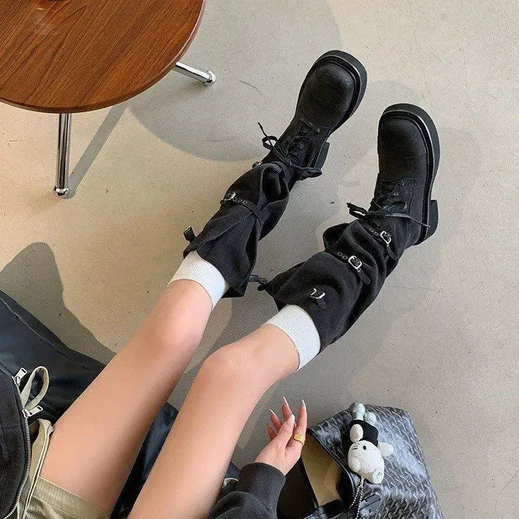 Designer Women's Boots Autumn Platform Lace Up Knight Boots New Round Toe Belt Buckle Knee High Boots for Women Motercycle Boot image 2