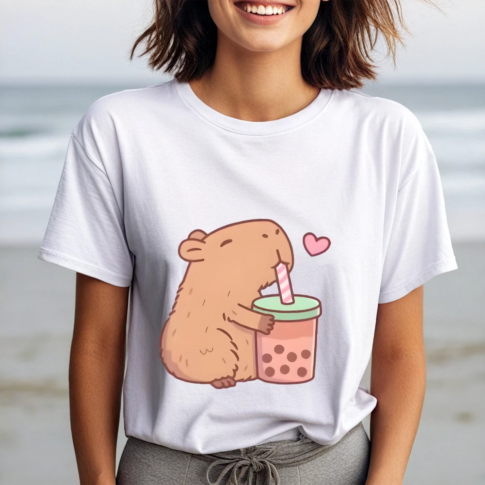 

Капибара с молочным чаем, милая футболка из чистого хлопка с рисунком, футболка с рисунком в стиле Cutecore, дышащая летняя одежда для активного отдыха