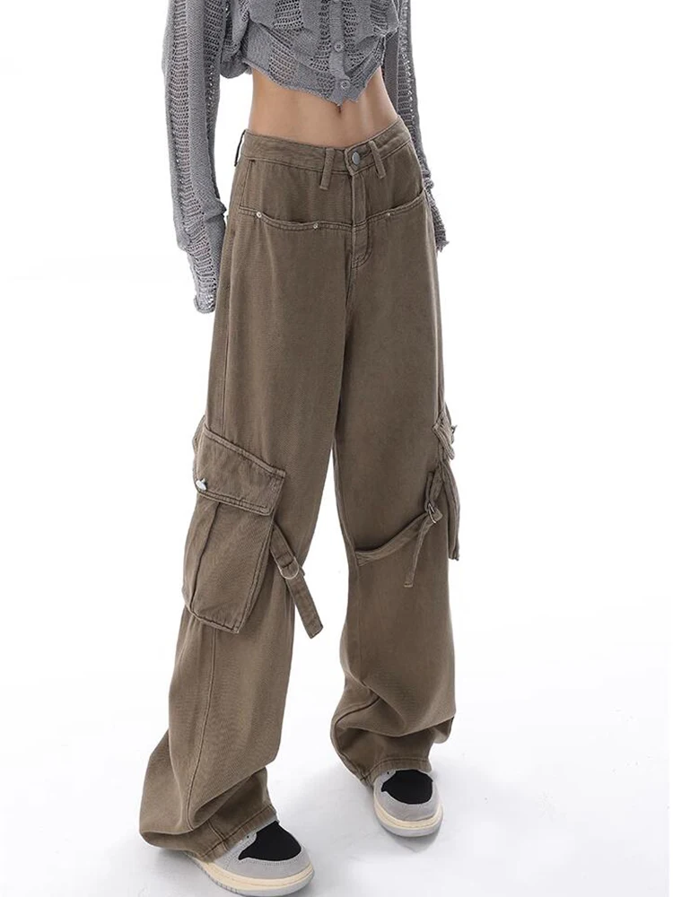 Vintage Pockets Cargo Jeans for Women Trendy High Waistd Wide Leg Denim Pants Casual Baggy Cargo Pants Y2K Boyfriend Trousers
