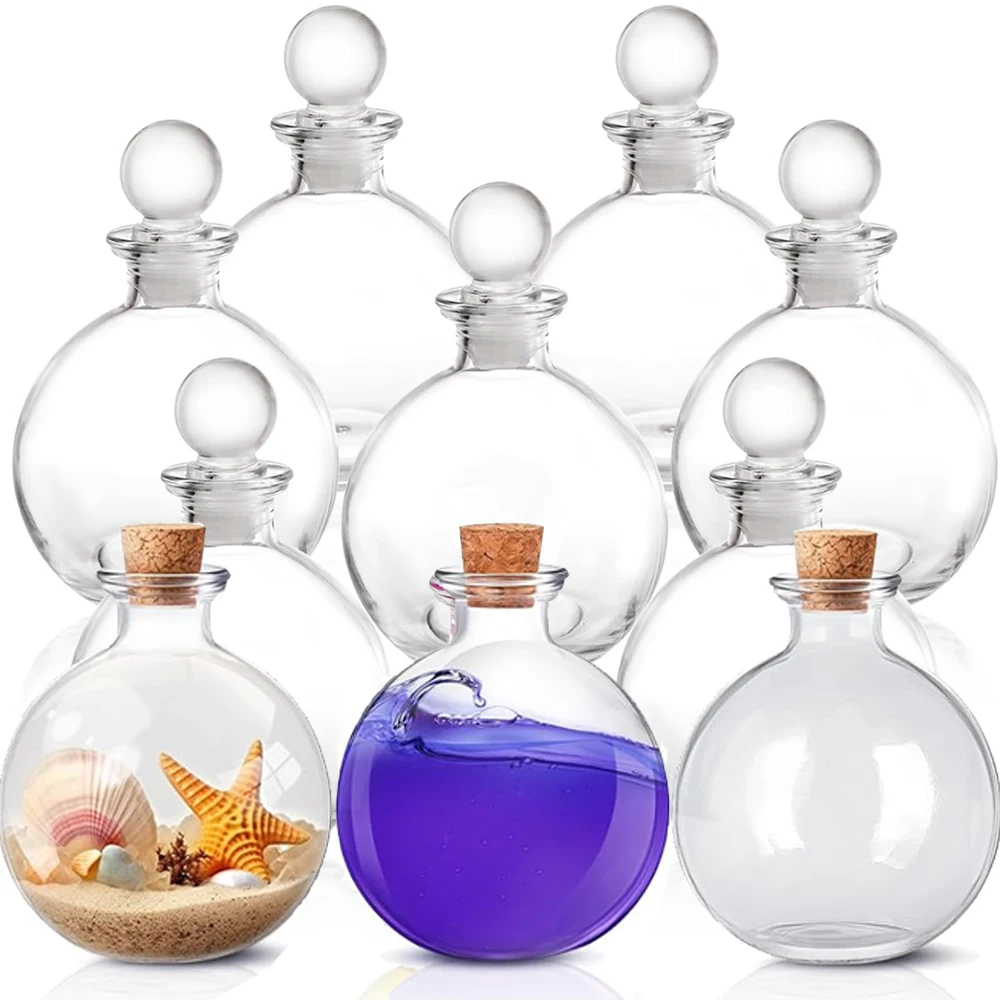 Glass Potion Bottles with Cork Clear Round Sand Art Bottles Witch Potion Jars Glass Sphere Jars for Household Dry Food Storage