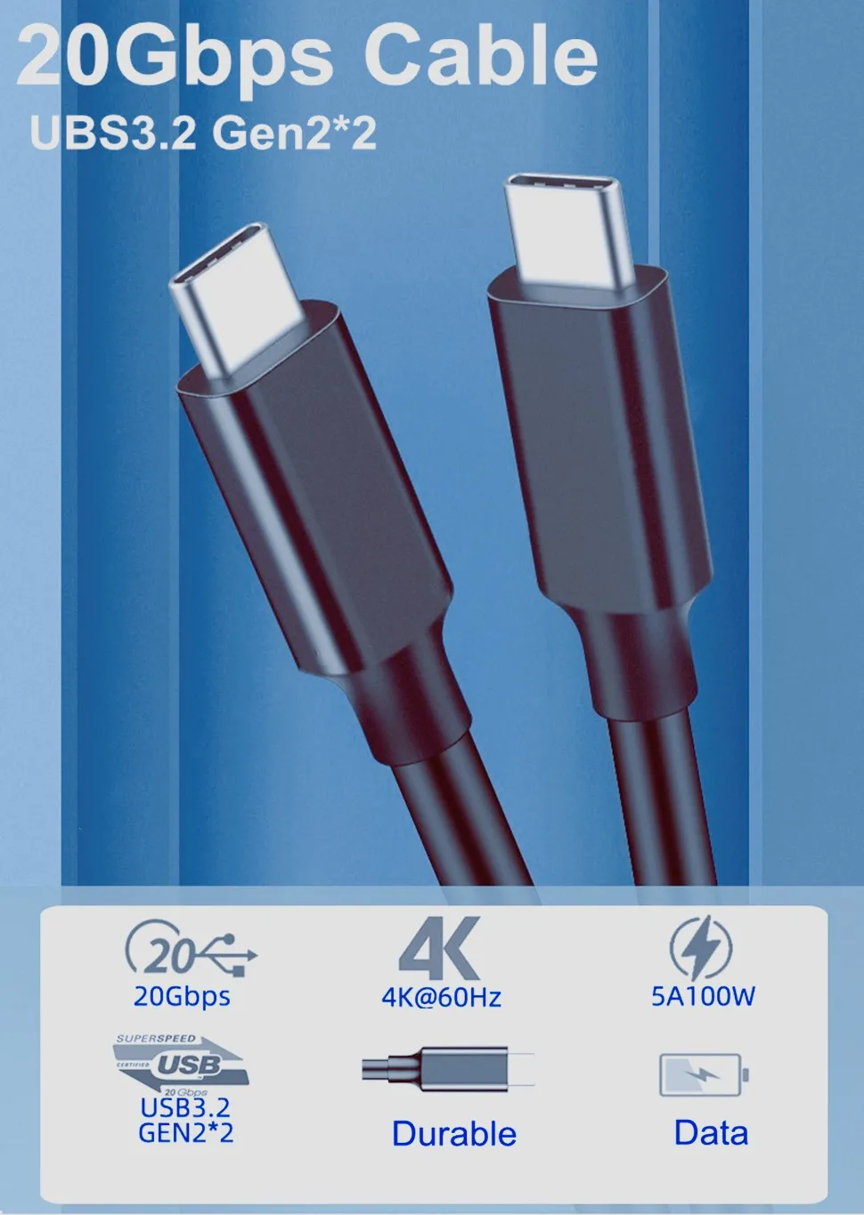 USB3.2 Gen2 Datenkabel USB C zu USB Typ C 20 Gbit/s Transfer 4K 60 Hz PD 100 W Schnellladung USB 3 2 Gen2x2 Kabel für MacBook Switch – Detail 6