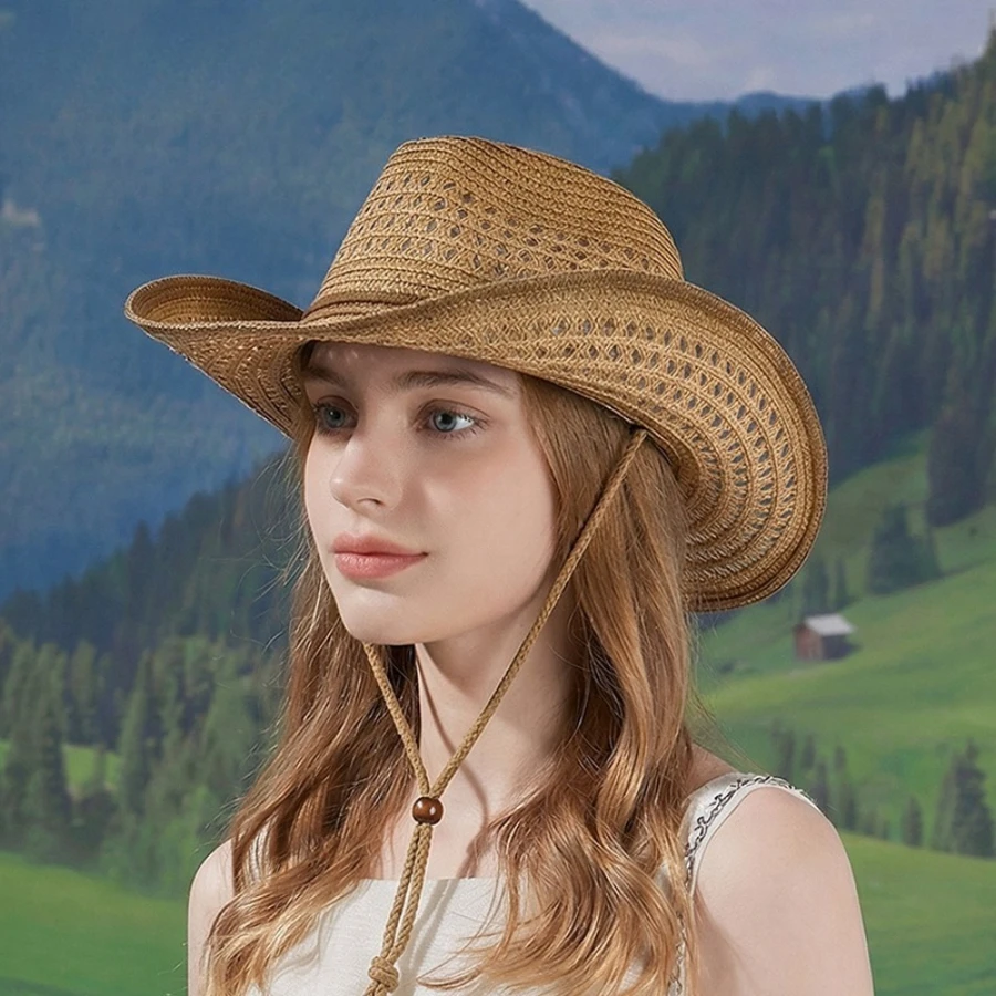 1 Western Cowboy Hollow Hat, Outdoor Leisure Jazz Travel Breathable Sunscreen Sunshade Hat