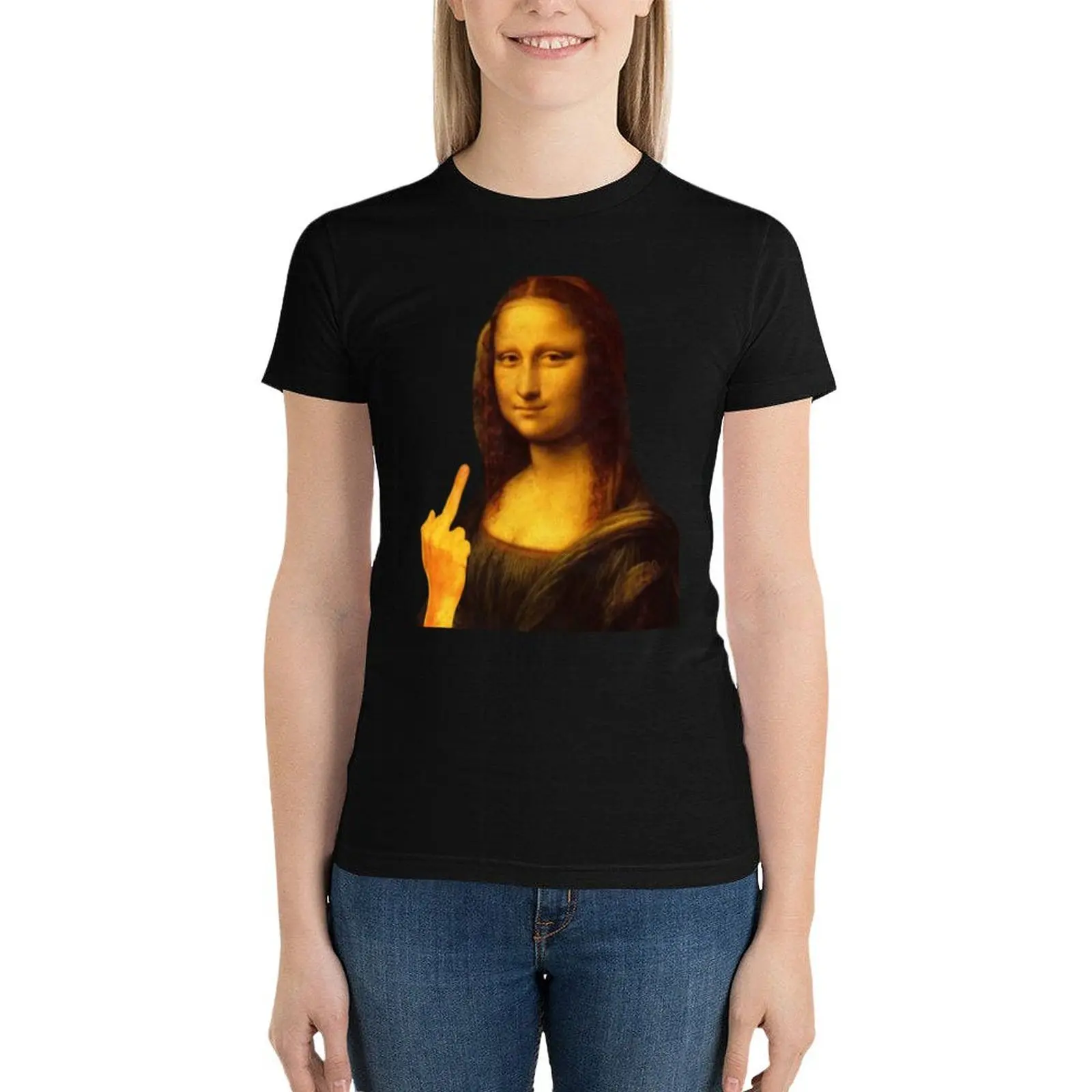 Mona Lisa-Autocollant de doigt du milieu pour femme, peinture drôle, T-shirt, vêtements vintage, t-shirts, robe graphique