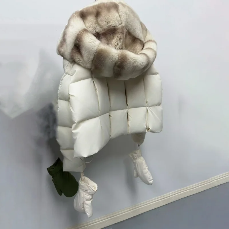 Winter 2025, Damen-Daunenjacke mit Kapuze und großem Pelzkragen, Y2K, hochwertiger, modischer, lässiger, dicker, warmer Gänsedaunenmantel mit Handschuhen