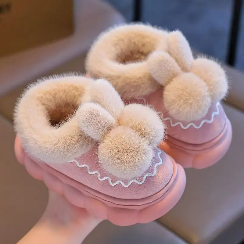 

Children Winter New Baotou Cotton Slippers Boys And Girls Thick Sole Non Slip Plush Warm Cover Heel Fuzzy Ball Home Cotton Shoes