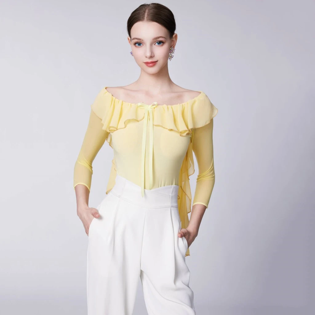 

Lady Modern Dance Tops Long Sleeve Mesh Tops Performance Costumes Samba Chacha Ballroom Dance Adult Latin Dance Costumes DN20492