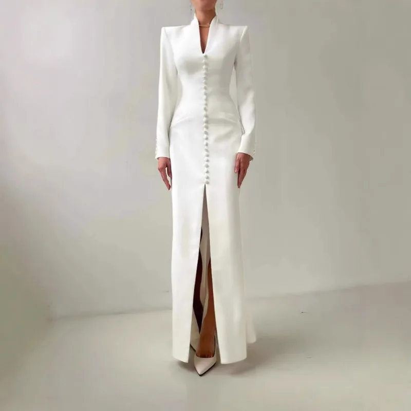 White Long-sleeved Shoulder-padded Single-breasted Decorative Dress Dress Fashionable V-neck Slim-fitting High-waisted Dress