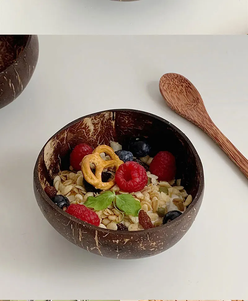 Natürliches Kokosnuss-Schalen-Set Handgefertigtes Holzgeschirr Holzlöffel Dessert-Obst-Salat-Mischschale Ramen-Aufbewahrungsschale Küchengeschirr – Detail 8