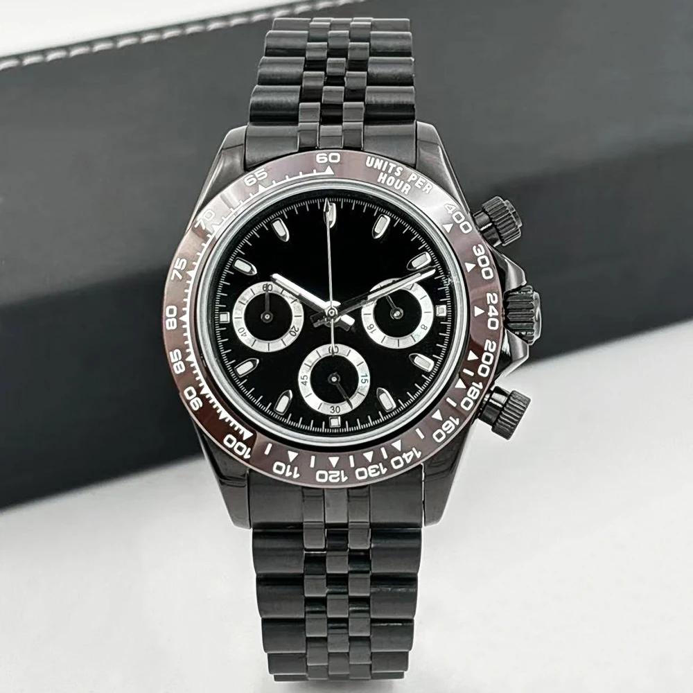 Luxurious VK63 quartz movement watch,featuring sapphire glass,stainless steel case and strap, and a panda-style dial chronograph