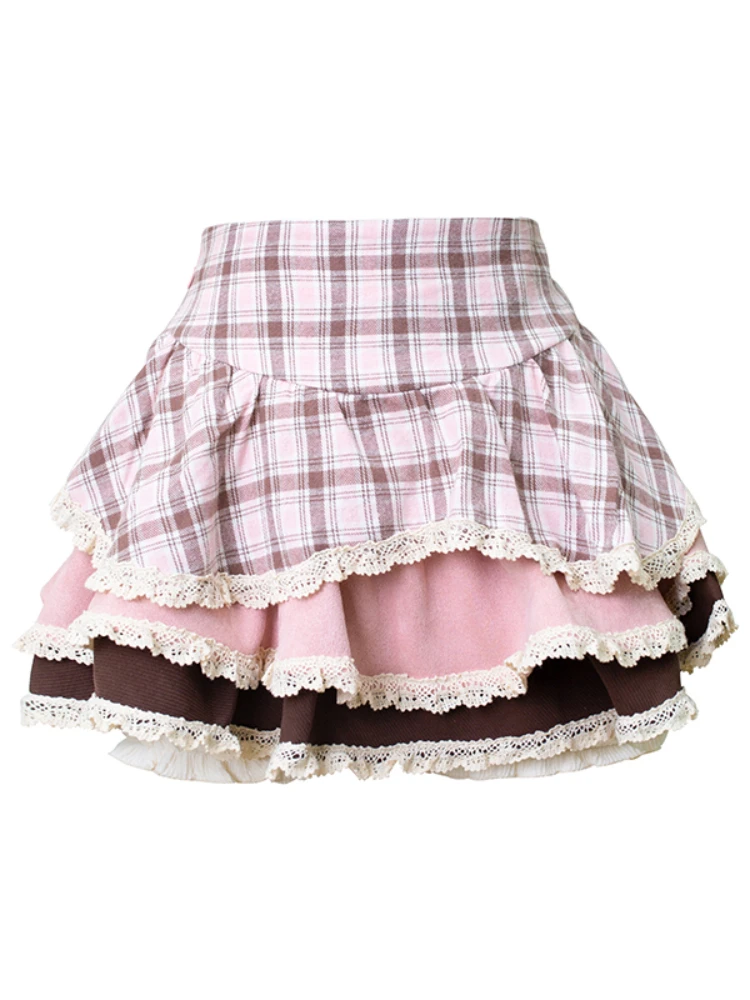 Pink Lolita Kawaii Two Piece Set Women Summer Korean Cute Mini Skirt Suit Female Sweet Heart-shaped Blouse＋Plaid Cake Skirt 2023