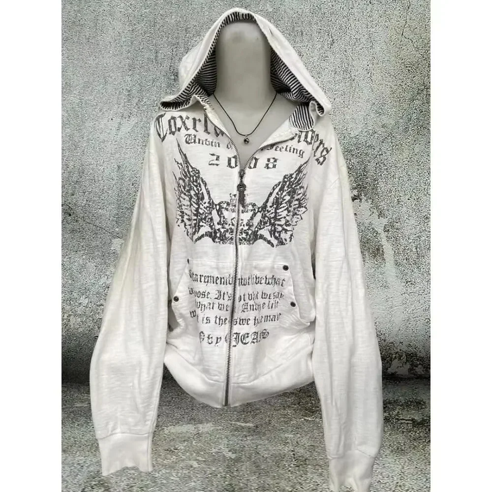 Hoodie Ritsleting Gambar Cetak Huruf Grunge Estetika Y2k Antik Mantel Wanita Kaus Bertudung Tambal Sulam Bulu Korea Wanita Abu-abu Kasual