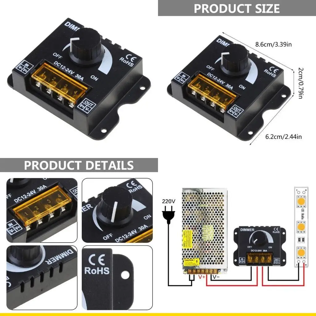 

SZCH LED Light Strap Dimmer 12-24V 30A Brightness Knob Adjust Dimmer On/Off Switch