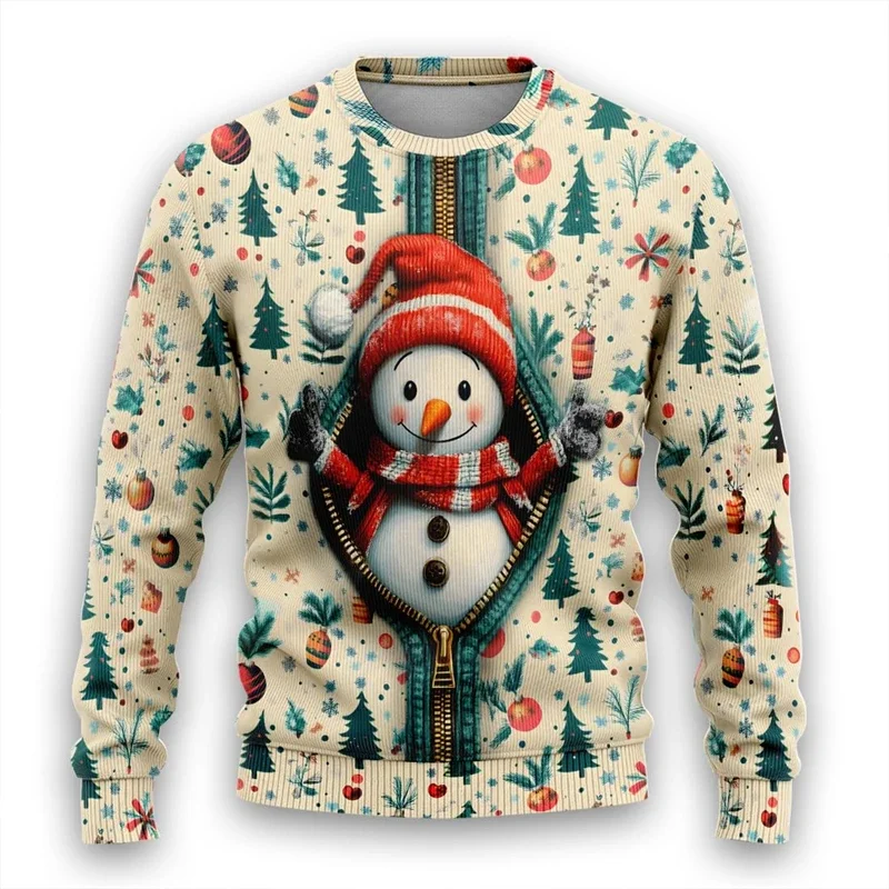 3D Print Fake Zip Up Snowman Santa Claus Graphic Pullover Sweatshirts Merry Christmas Ugly Sweater Top Male Xmas Hilarious Tops