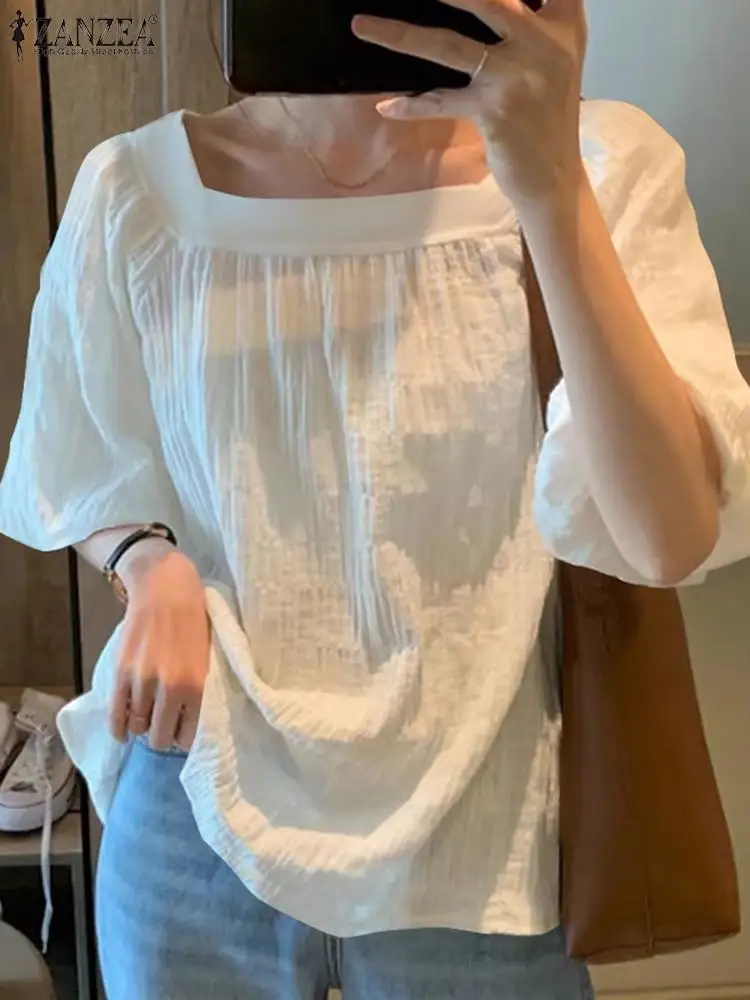 Koreaanse Mode Puff Halve Mouw Blusas Zanzea Vrouwen Chiffon Blouse 2024 Zomer Vierkante Hals Eenvoudige Tuniek Casual Losse Effen Tops