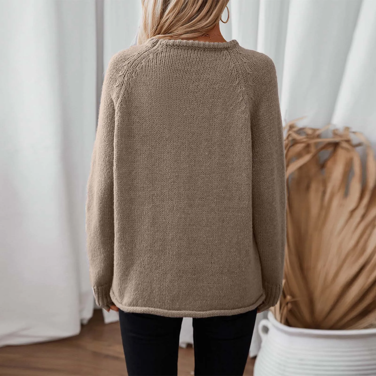 Women'S Solid Color Rolled Edge Pullover Sweater Autumn And Winter Loose Warm Fashion Knit Sweater Casual All Match Pullover