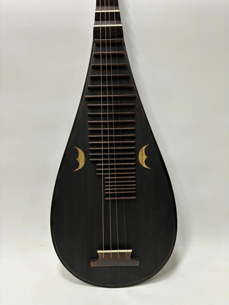 Wenge Wood Pipa with Crescent Pattern Panel, 4 Strings Chinese Lute Traditional Stringed Musical Instrument