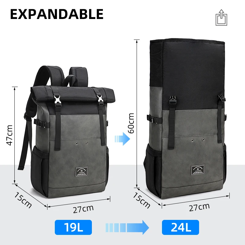 Mochila impermeável de couro PU para homens, mochila casual de grande capacidade, mochila universitária, bolsa de viagem de 15,6 polegadas