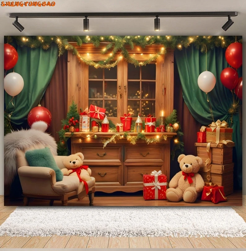 ของเล่นหมีคริสต์มาสการถ่ายภาพฉากหลังต้นคริสต์มาสหน้าต่างของขวัญหมีบอลลูนเด็กภาพครอบครัว Xmas ภาพพื้นหลังตกแต่ง