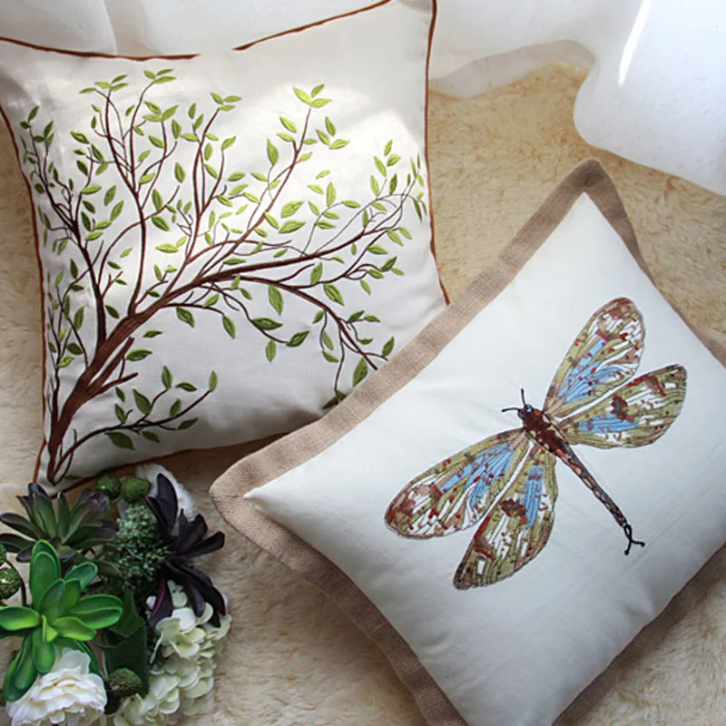 Embroidery Green Leaf Tree flower dragonfly Cotton Linen Pillowcase Sofa Decorative Pillows Home Decor Pillow Cover Natural