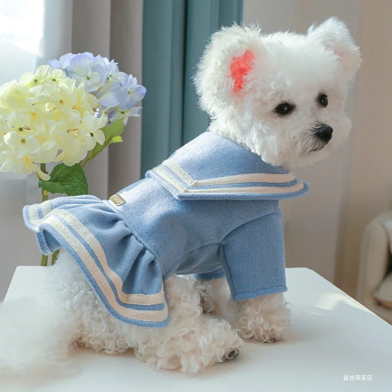 1PC Pet Apparel Cat Dog Autumn and Winter Thickened Warm Blue Gold Label Princess Dress Suitable for Small and Medium sized Dogs