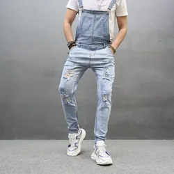 Men Ripped Slim Biker Jeans Bib Overalls Jumpsuits jeans Stylish Man Streetwear Stretch Dungarees Male Strap Jeans