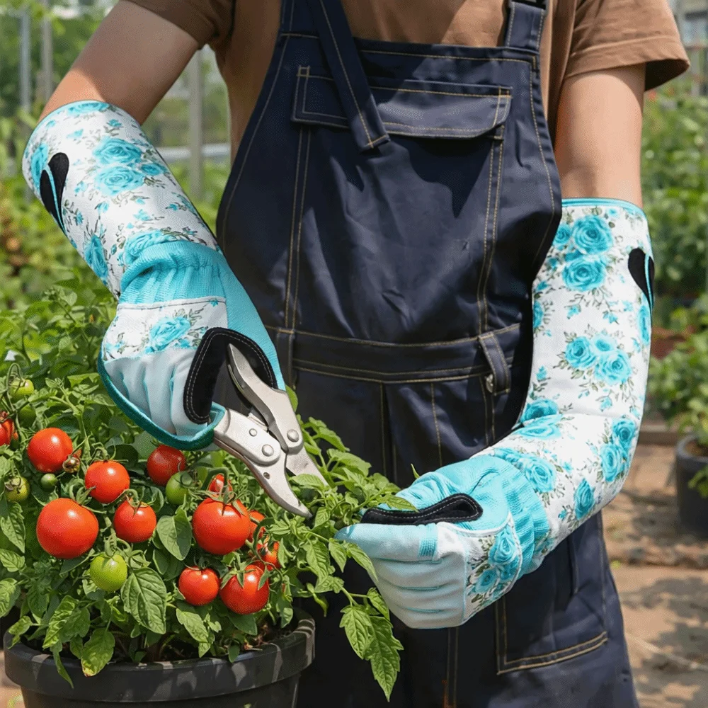 1 Pair Durable Long Gardening Gloves Anti-Puncture Forearm Protection Rose Pruning Gloves Long Elbow Design Cowhide Leather
