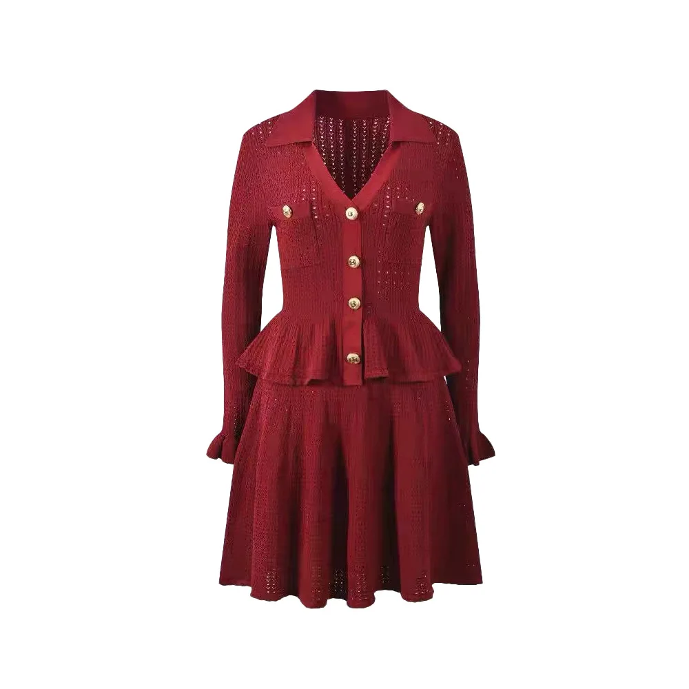 

2025 autumn and winter women's new wine red dress V-neck hollow long sleeve slim patchwork mini dress