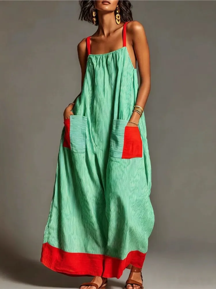 Women Casual Loose Dress Sleeveless Spaghetti Strap Striped Patchwork Dresses With Pockets Vintage Bohemian Holiday Long Dress view 6