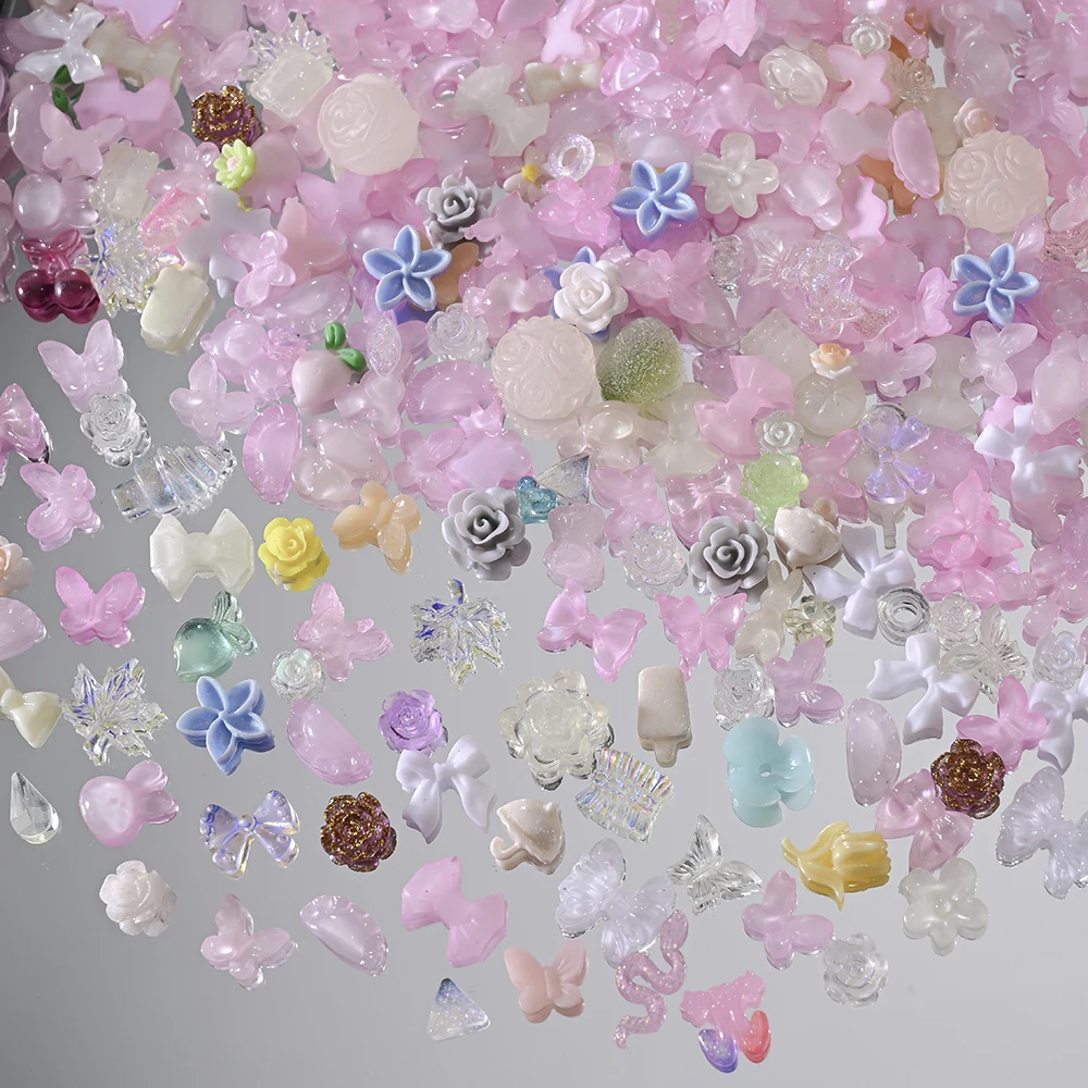    500-600 pièces mélange résine arc ongles accessoires Kawaii rose/bleu/jaune ruban nœud papillon fleur Nail Art breloques bricolage décor