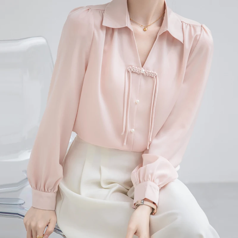 EVNISI Women Polo Collar Chic Loose Office Long Sleeve Shirt Elegant Pink Pearl Button Blouse Casual Lady Tops 2024 Autumn