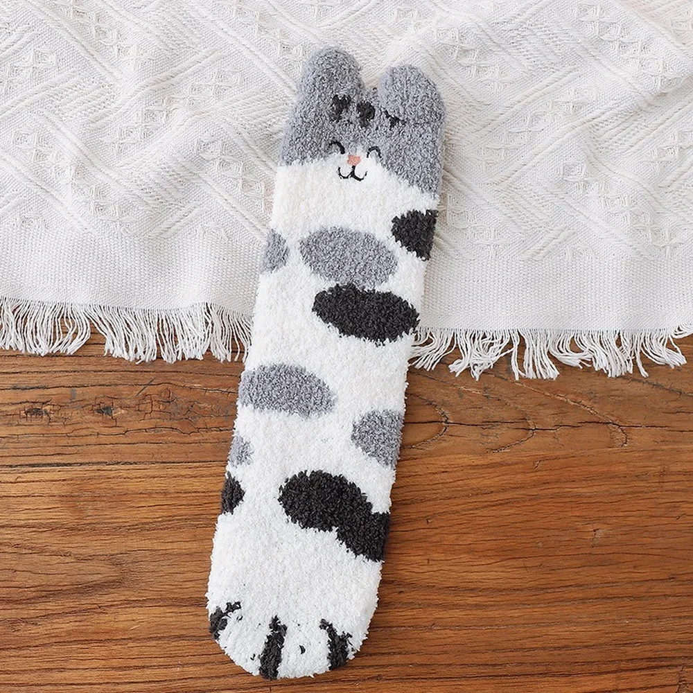 5 Pairs New Three-dimensional Ear Embroidery Cat Claw Coral Fleece Socks Cartoon Cat Confinement Warm Women Sleeping Socks