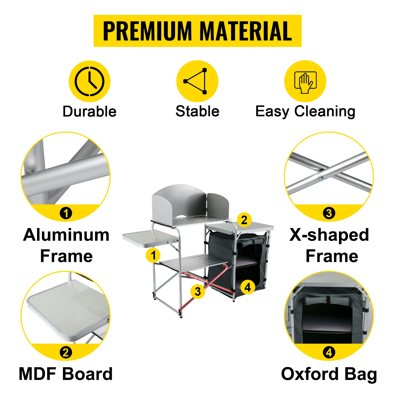 VEVOR กลางแจ้ง Camping โต๊ะในครัวแบบพกพาพับอลูมิเนียมปิกนิกตู้กระจกออแกไนเซอร์จัดเก็บปรับฟุต