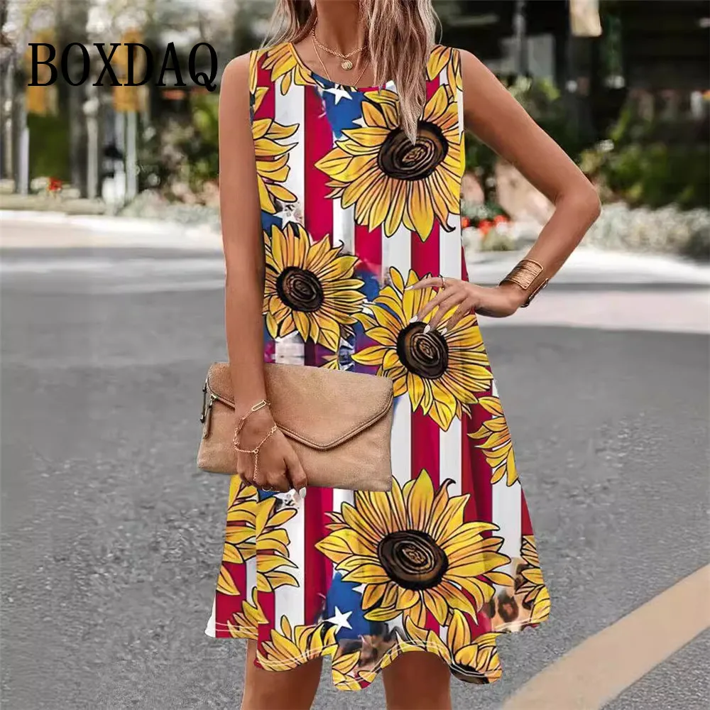 Striped Sunflower Print Women Dresses Summer Pullover Ladies New Dress Casual Sleeveless Beach Party Loose A-Line Dress Sundress