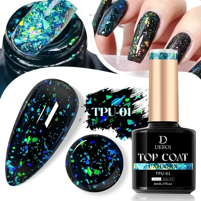 DEROI Top Coat Gel UV Glitter Flash No Wipe Top Coat Base in gomma gel Soak Off Manicure Smalto per unghie semipermanente trasparente