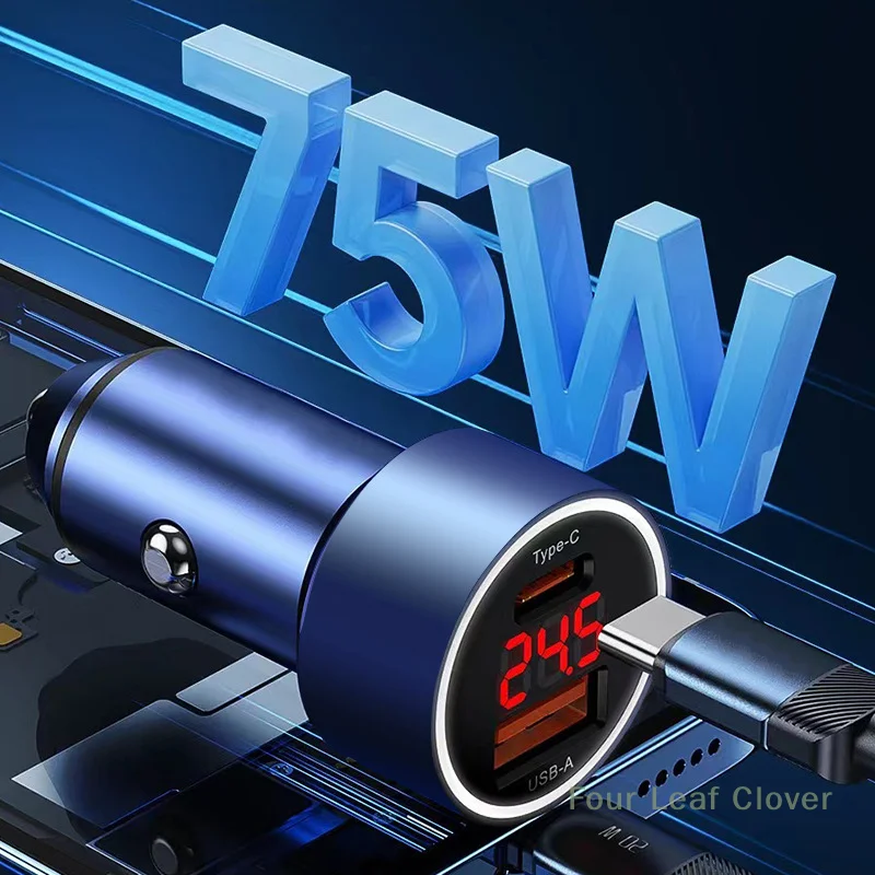 75W USB C General Car Charger Quick Charge 4.0 PD3.0 SCP Fast Car Digital Display Phone Charger