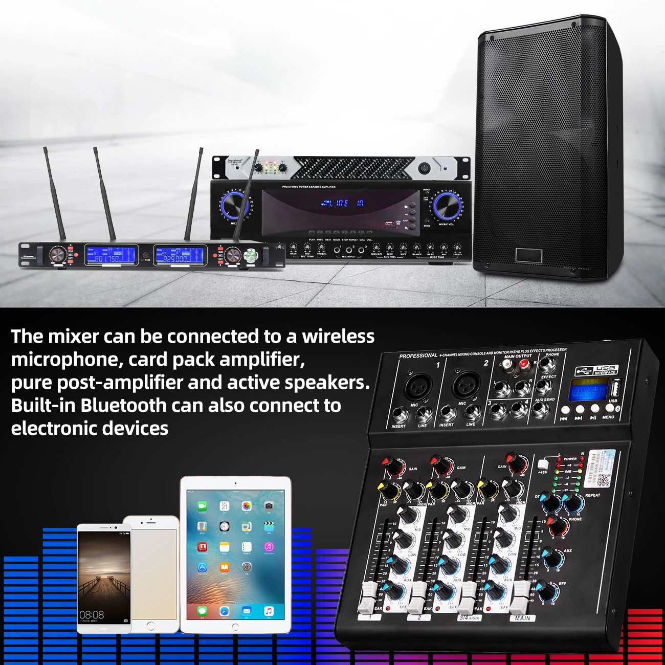 Mixer Audio deusheng F4 Console di missaggio Audio professionale a 4 canali con registrazione USB Bluetooth percorso Monitor di alimentazione Phantom 48V