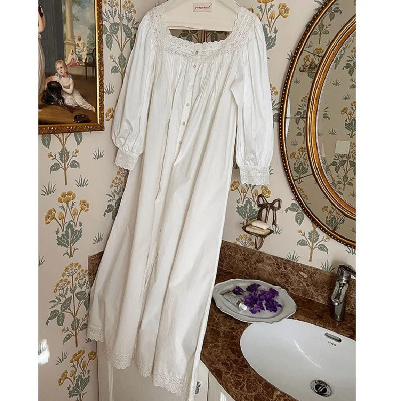 Vintage Embroidery Cotton Long Nightgowns For Lady Long Sleevec Elegant Cardigan Nightshirts Spring Autumn Comfortable Nigtwear