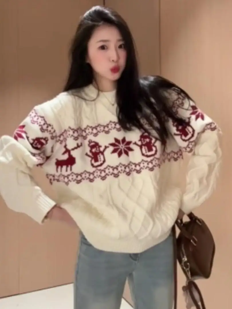 

Cisas Aosphere Fair Isle round Ne Sweater Women's Loose Thi Lazy Sle Knitted irt Retro Top Warmth Emitting