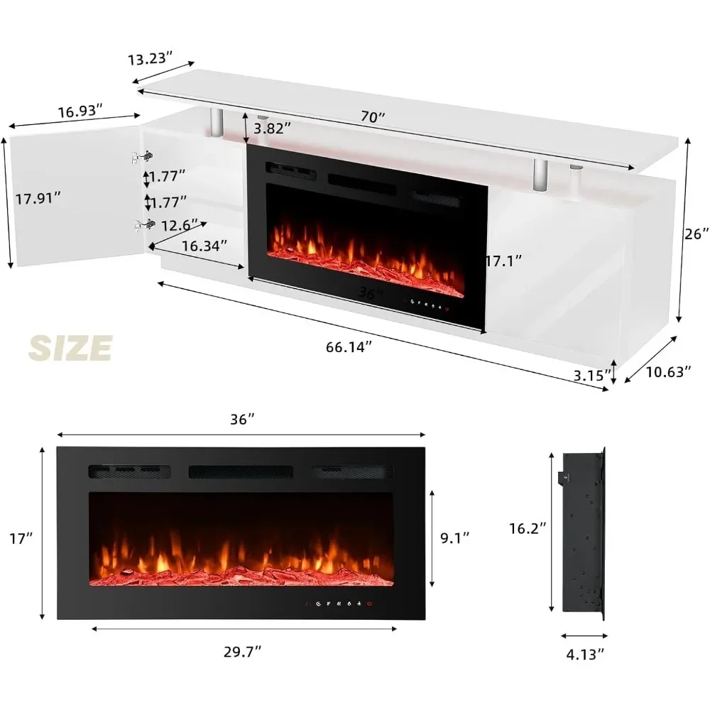 TV Stand with 2 Flame Fireplace Insert Heater and 16 Color Led Lights, TVs Up To 80'', 70'' Fireplace TV Console