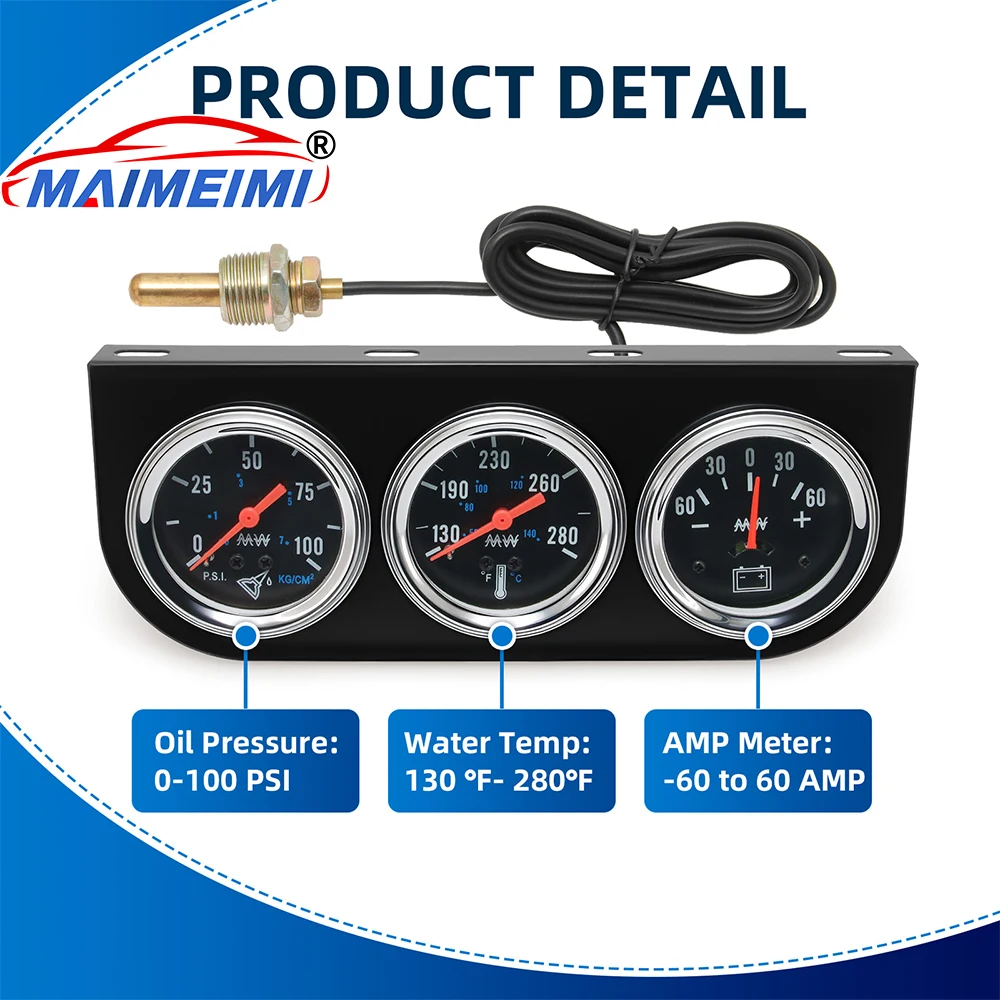 

Triple Gauge Set with Oil Pressure Water Temp Amp Meter Black Face Digital pointer car Auto Gauge with sensors for car boat