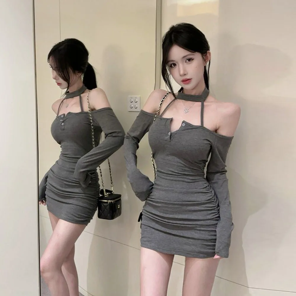 

Сексуальная блузка с открытыми плечами Long Sve ort Dr Ne Hanging Girl Ослепительная вязаная облегающая юбка из полиэстера для девочек-подростков