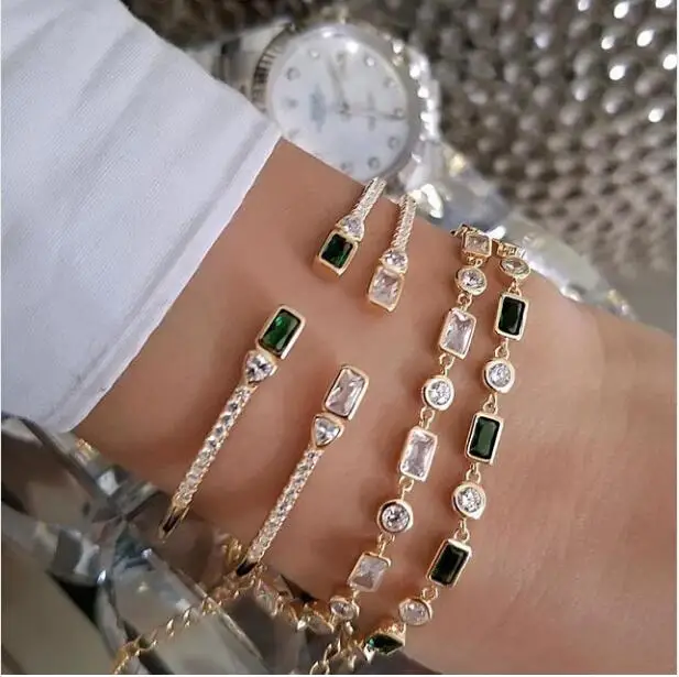 Gold color filled blue green red white rectangle cubic zirconia Open cuff bangle bracelet women fashion jewelry
