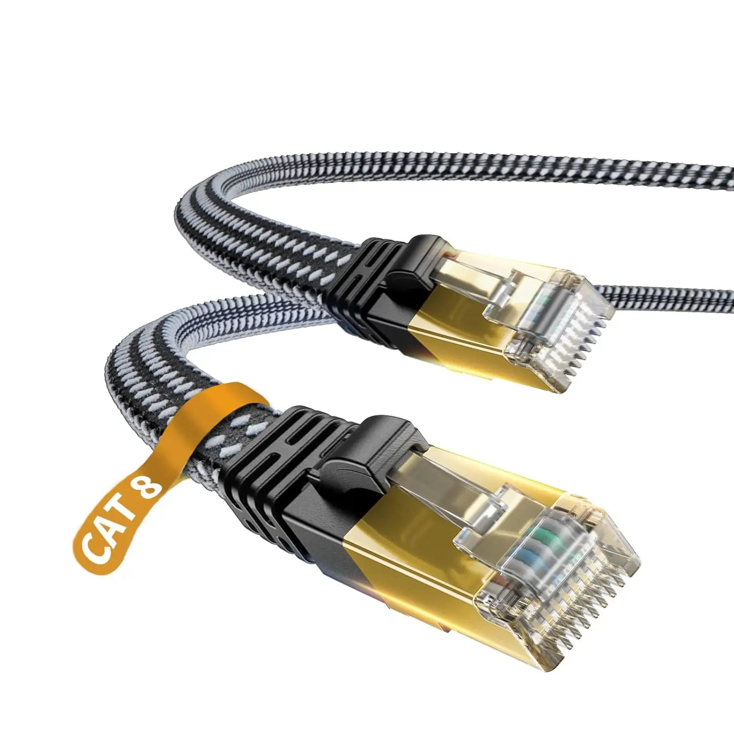 MIZIQIER 40Gbps Cat8 Ethernet Cable 2000Mhz Braided Falt Cable,Golden RJ45 Connector for Router,Modem, PC, Gaming, PS5, Xbox