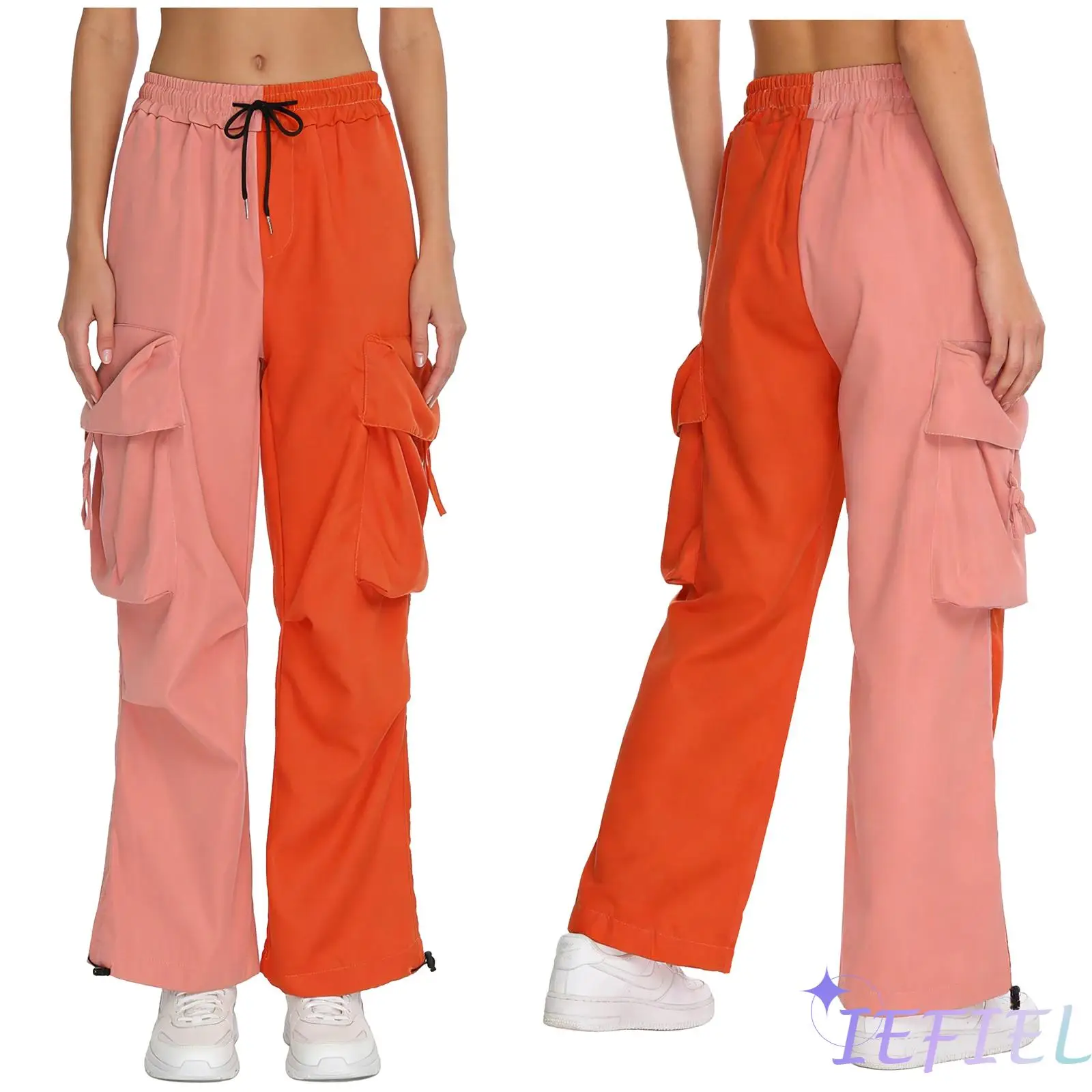 Women Hip-hop Jazz Dance Cargo Pants Fashion Multiple Pockets Elastic Waist with Drawstring Long Pants Trousers for Street Dance