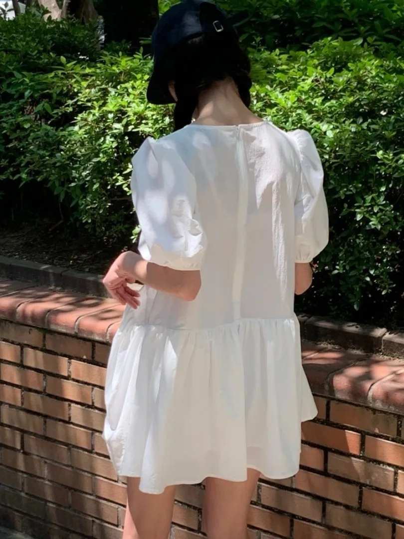 กระโปรงทรงบับเบิ้ลหลวมๆ สไตล์เกาหลี สีพื้น รุ่นใหม่สำหรับฤดูร้อน สีฟ้านม สไตล์ลำลอง เหมาะกับการเดินทาง