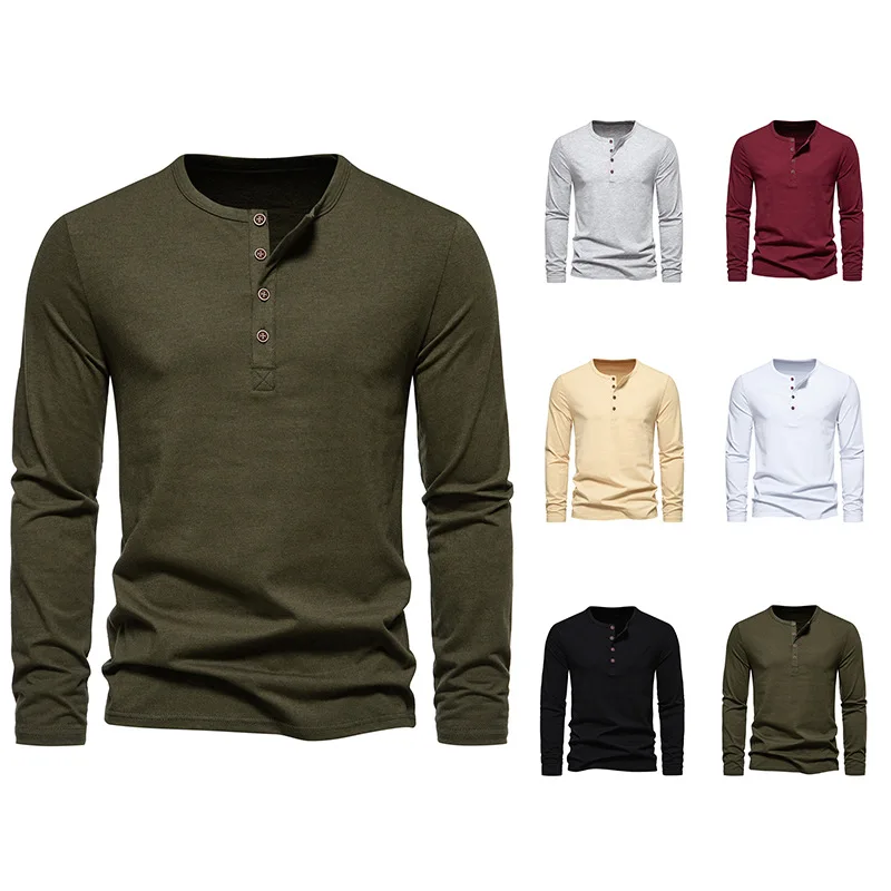 

Foreign Trade Autumn/Winter New European Size Men's Fashion Solid Color Four Button Henry Long Sleeved T-shirt Wholesale