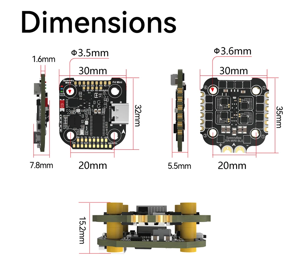 MINI controlador de vuelo F405 Mini SpeedyBee F405, FC BLS 35A V2 3-6S 20x20 4 en 1 ESC Dual BECs para RC FPV Racing Drone