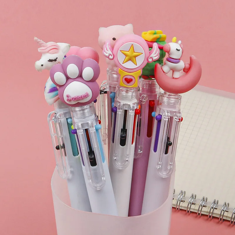 

1 PC Kawaii Cute Animal Cartoon Ballpoint Pens School Office Supply Stationery 6 Multicolored Pens Colorful Refill Kids Gift